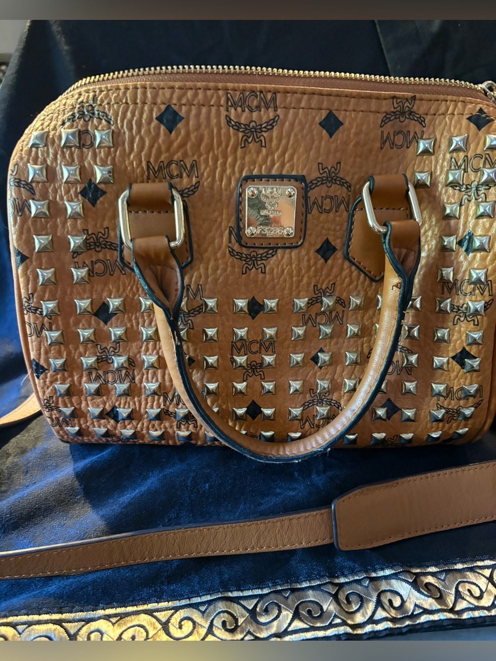 Visetos Studded Satchel in Cognac Brown